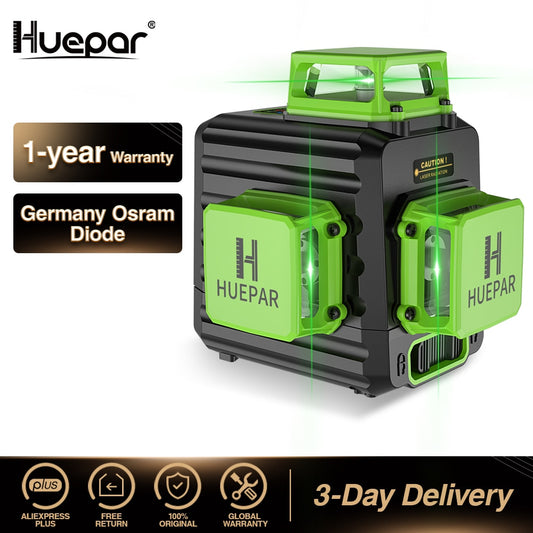 Huepar 3D Cross Line Self-leveling Laser Level 12 lines Green Beam Li-ion Battery with Type-C Charging Port &amp; Hard Carry Case